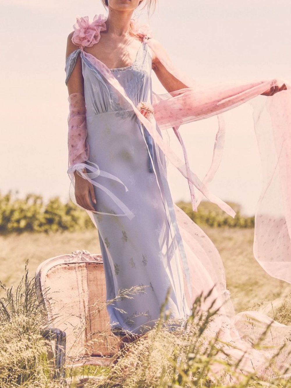 Rare Loveshackfancy Lace Trimmed Silk Satin Blue Flowy Dress